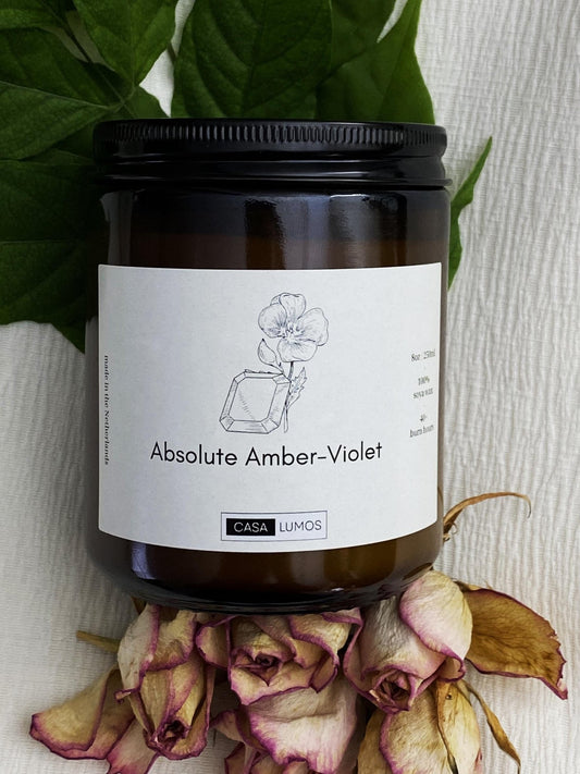 Absolute Amber and Violet Essence Soy Candle – 8 oz Apothecary Jar - CasaLumos