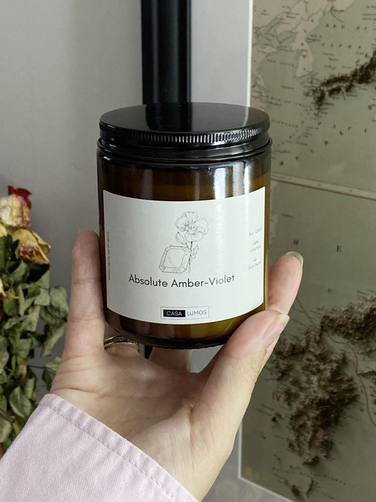 Absolute Amber and Violet Essence Soy Candle – 8 oz Apothecary Jar - CasaLumos