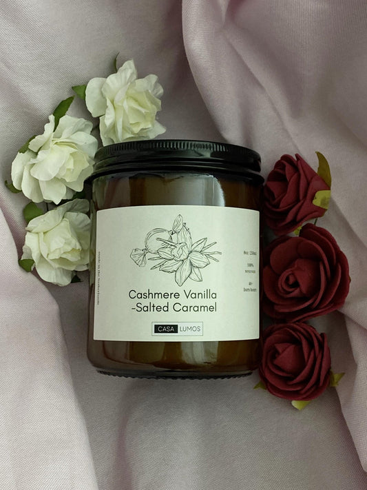 Cashmere Vanilla and Salted Caramel Soy Candle – 8 oz Apothecary Jar - CasaLumos